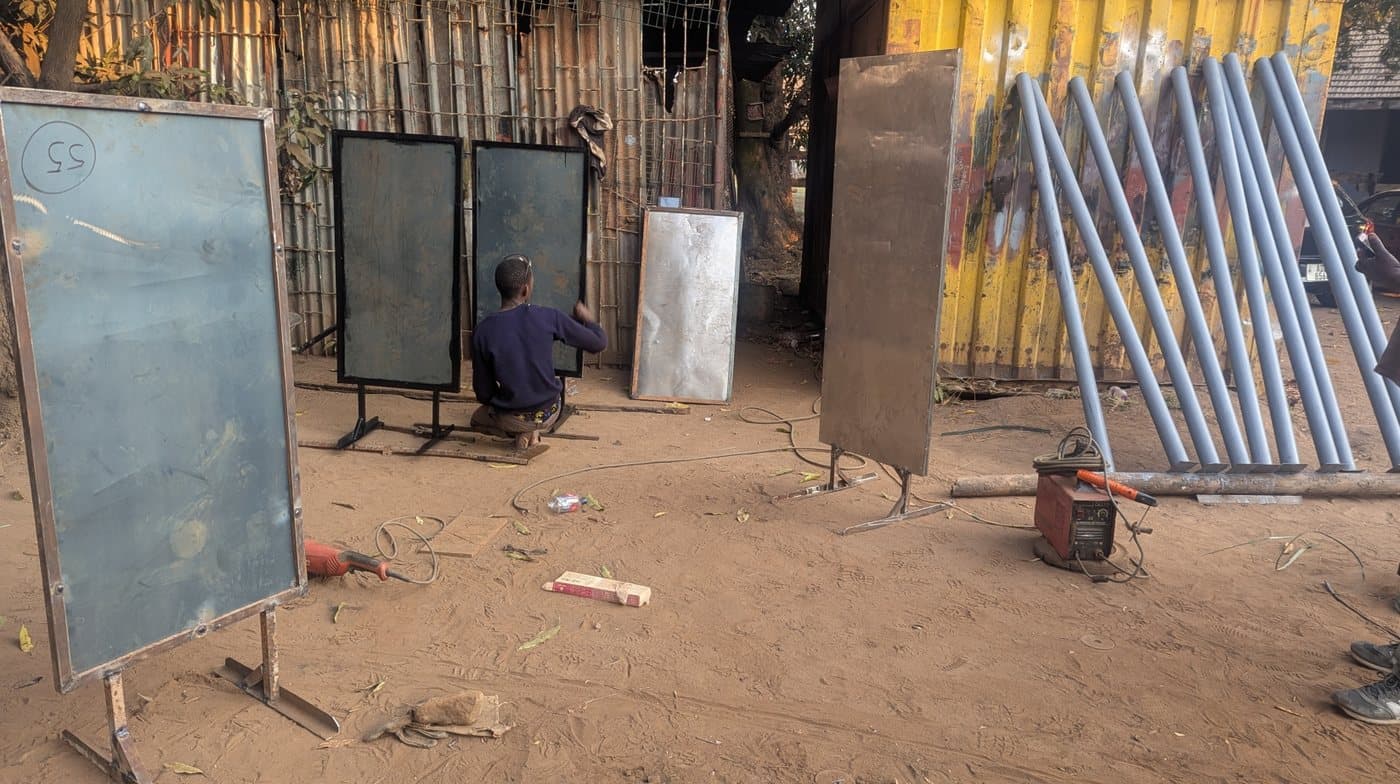 Signage frames and steel sections in the House of Cafeda fabrication yard